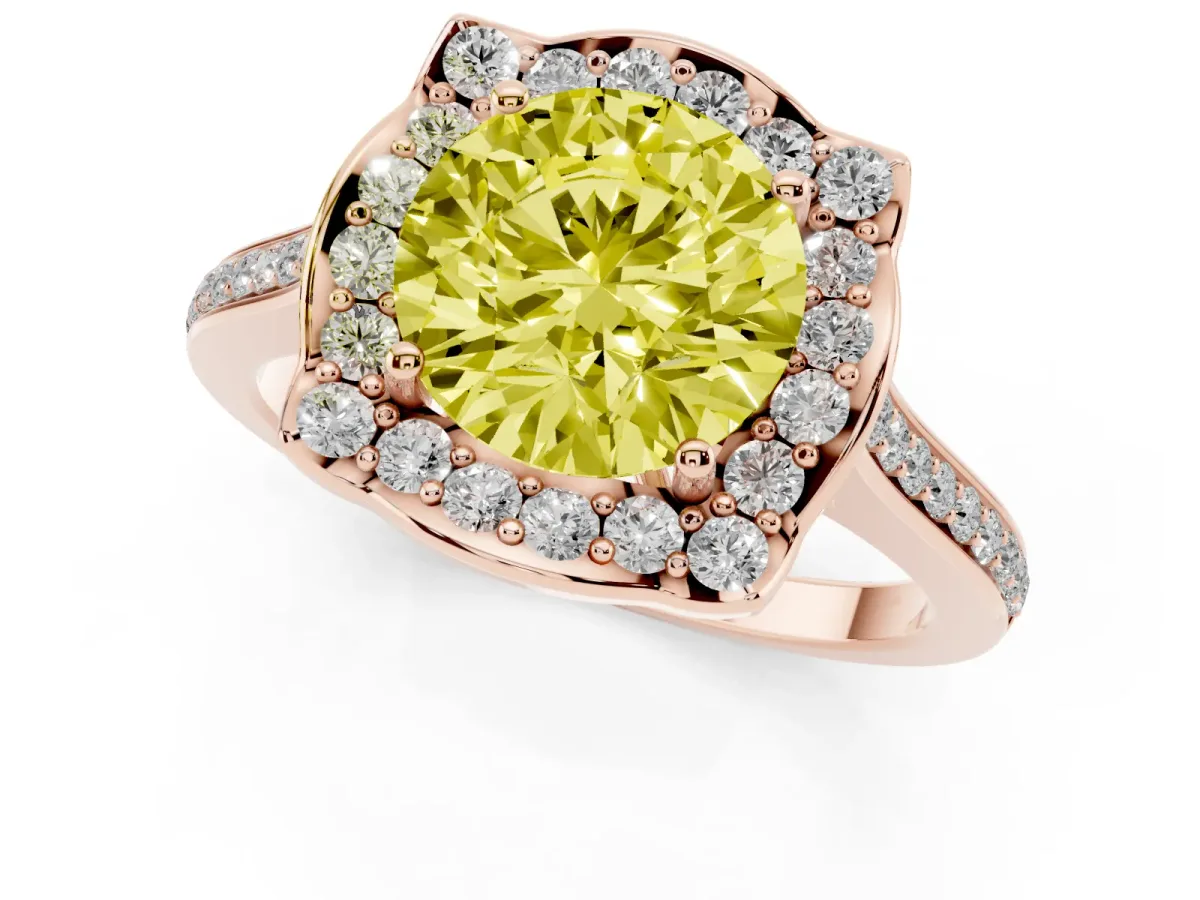 Fancy Yellow Round Cut Halo Round Diamond Pave Band with Four-Prong Setting Rose gold