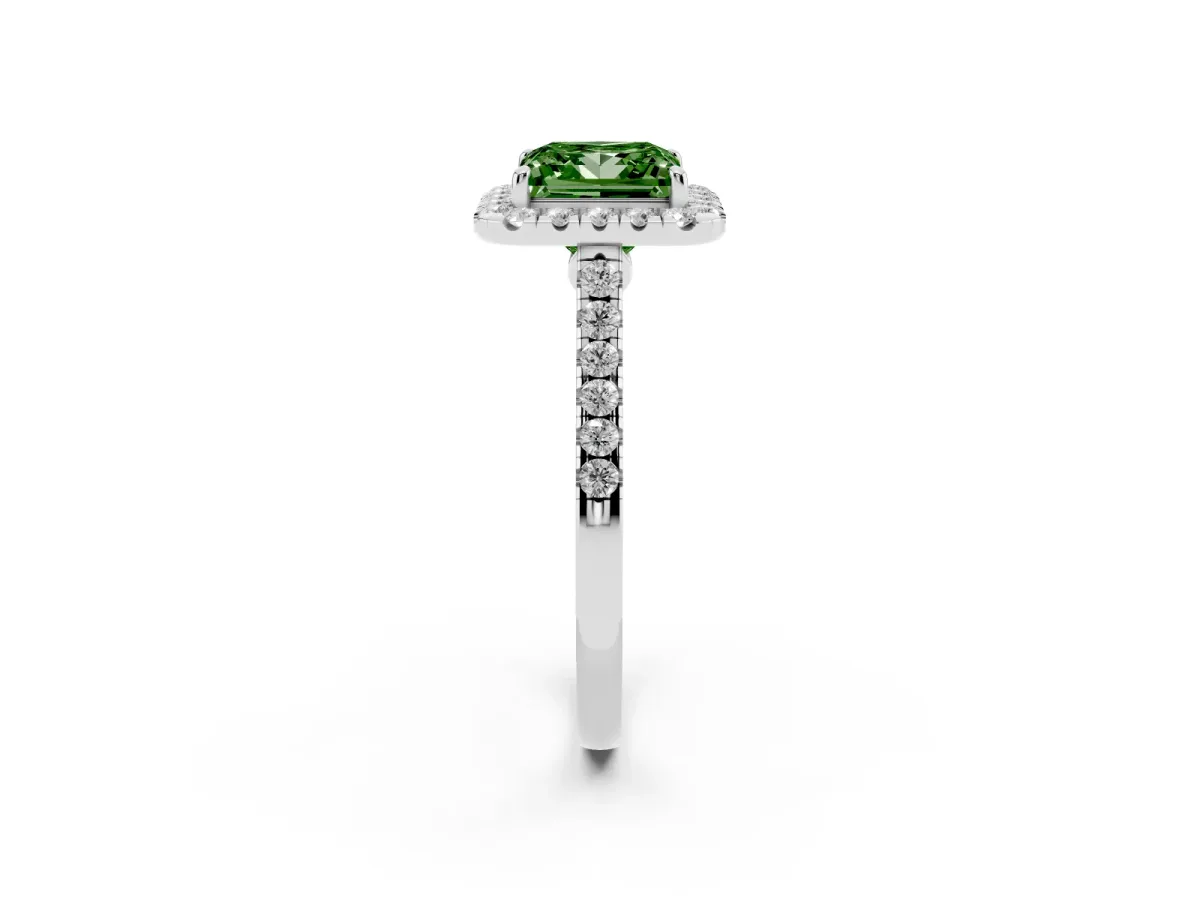 Fancy Green Princess Cut Halo Pave Diamond Engagement Ring with Four-Prong Setting Silver