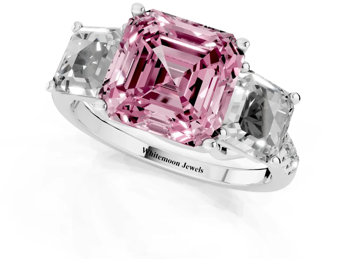 Fancy Pink Three-Stone Asscher Cut Diamond Ring with Round Pavé Band and Prong Setting Silver