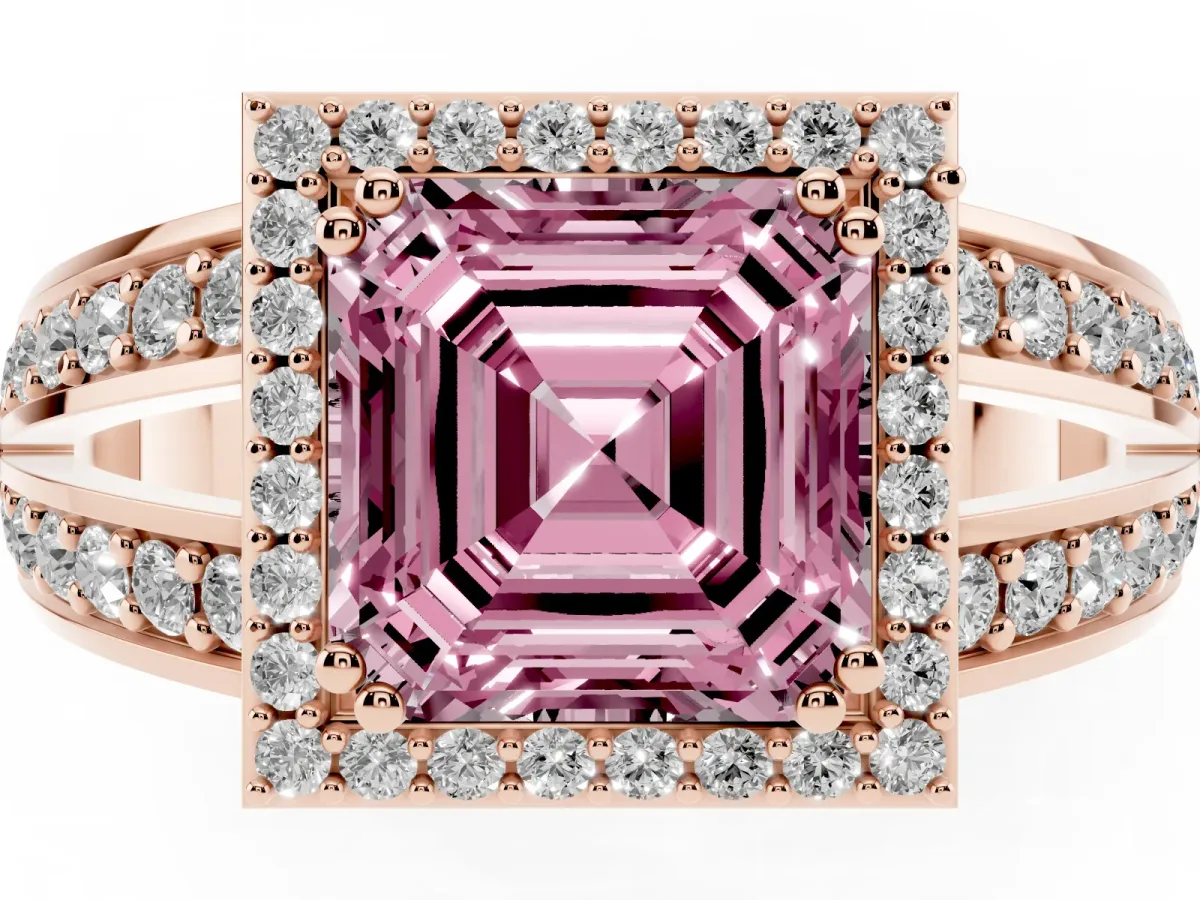 Fancy Pink Asscher Cut Diamond Halo Ring with Split Shank Pavé Band and Four-Prong Setting Rose gold