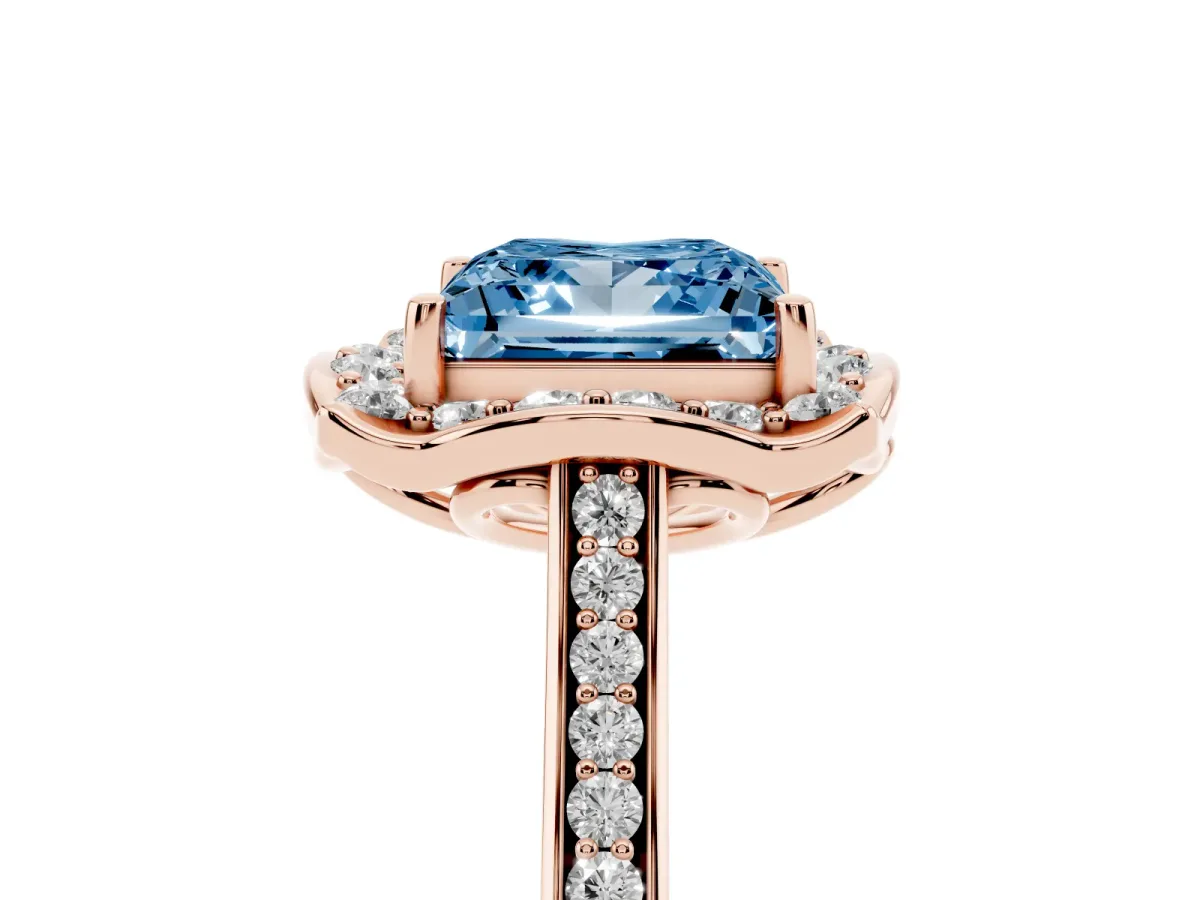 Fancy Blue Princess Cut Halo Round Diamond Pave Band with Four-Prong Setting Rose gold