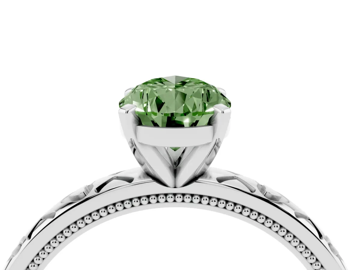 Fancy Green Pear Cut Solitaire Diamond Engagement Ring with XO Engraved Band and Four-Prong Setting Platinum