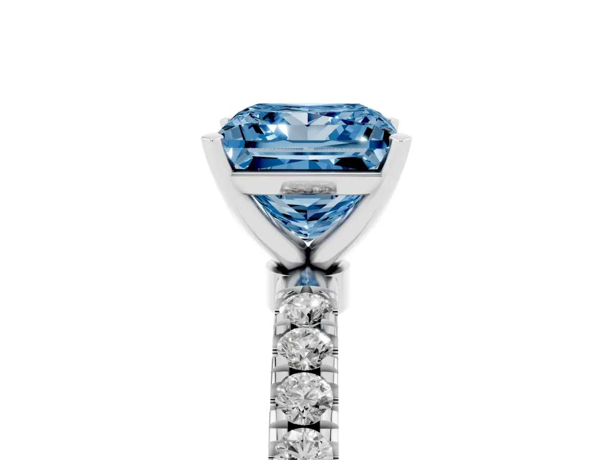Fancy Blue Princess Cut Diamond Solitaire Ring with Pavé Accents and Four-Prong Setting Platinum
