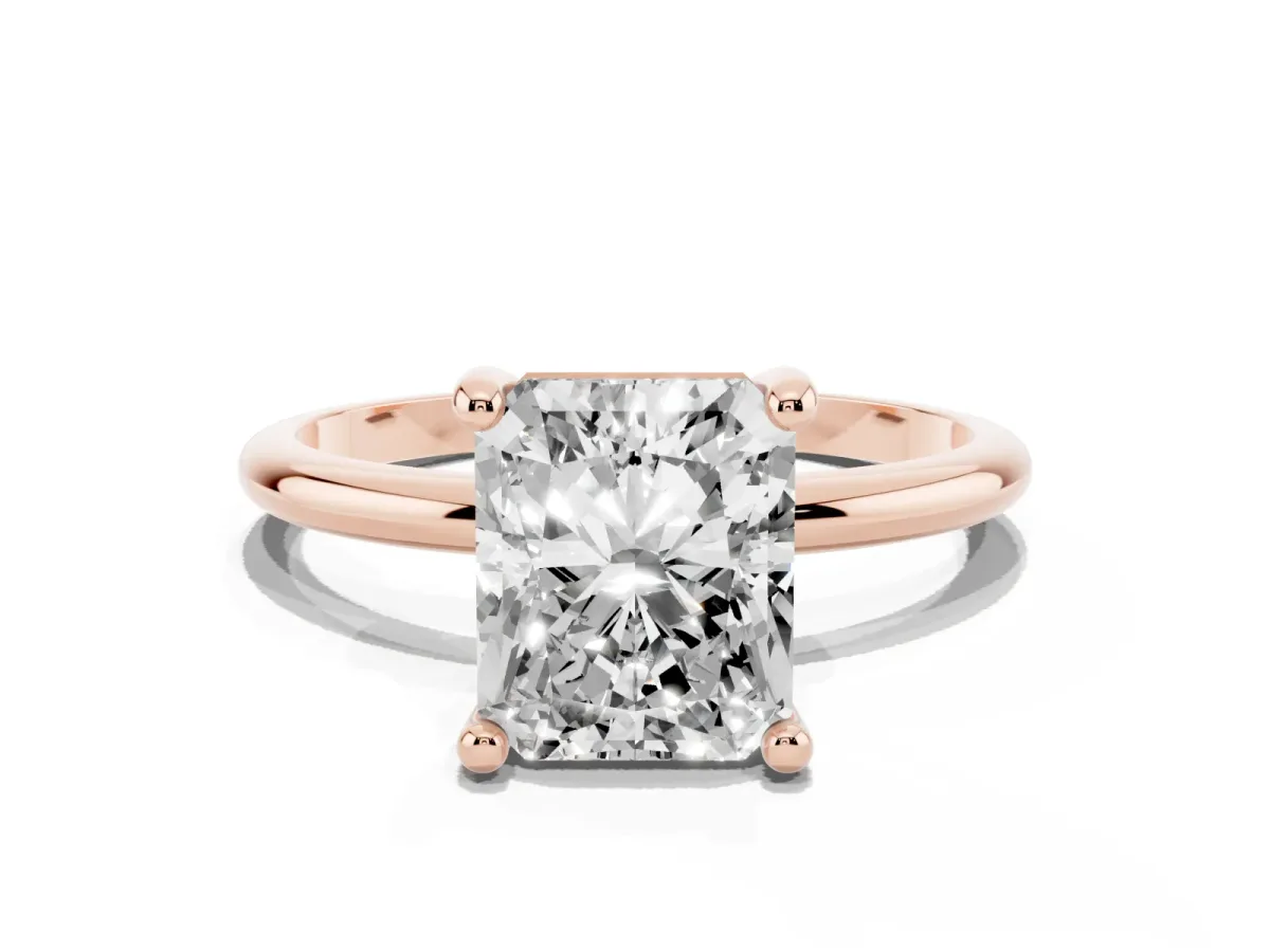 Radiant Cut Solitaire Diamond Ring with 4-Prong Setting on a Classic Band Rose gold