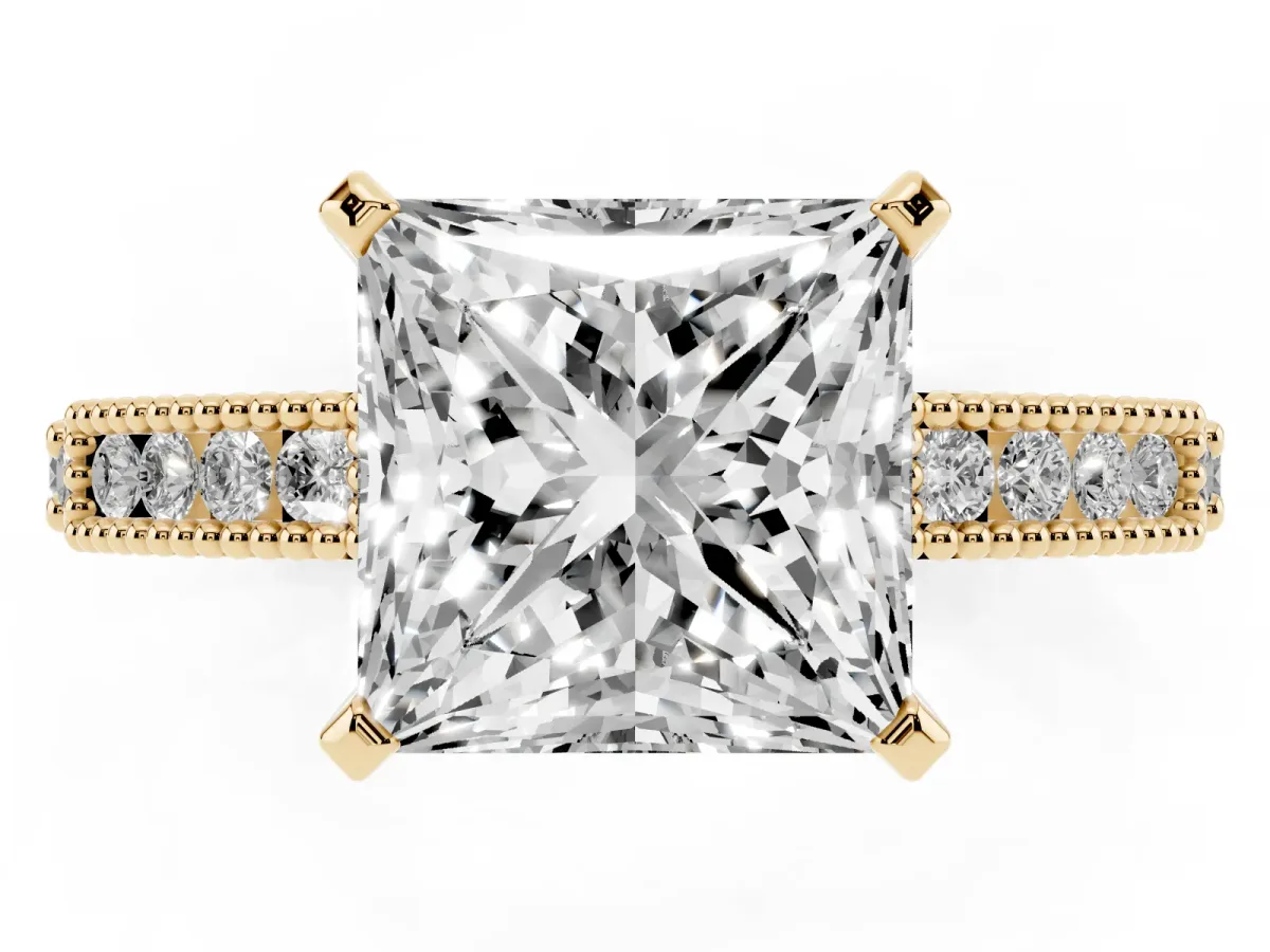 Princess Cut Solitaire with Pavé Band and Four-Prong Setting Yellow gold