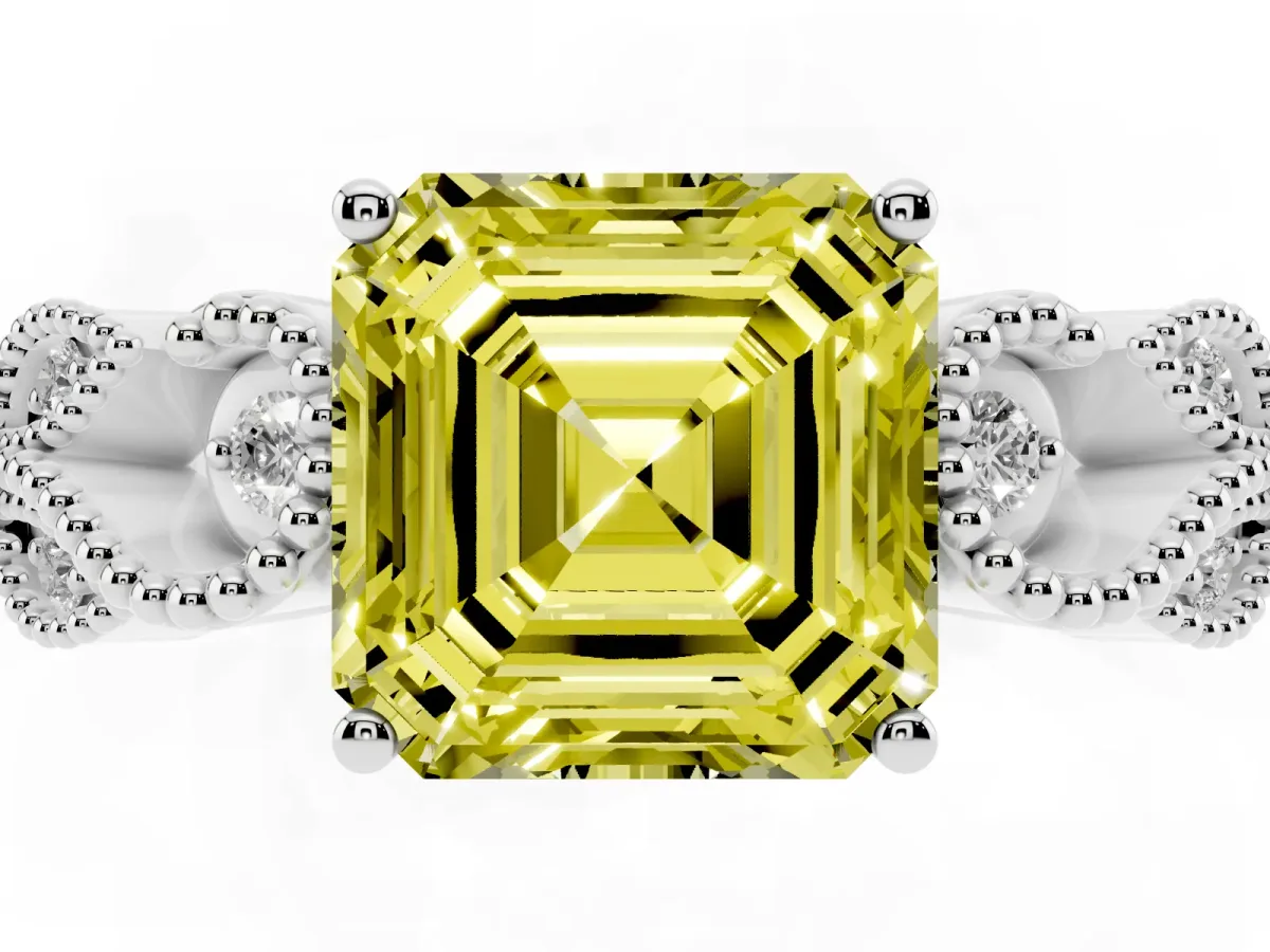 Fancy Yellow Asscher Cut Solitaire Milgrain Leaf Band with Prong Setting Silver