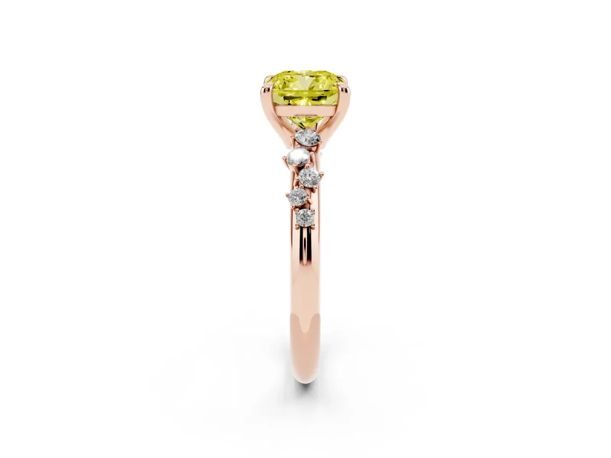Fancy Yellow Cushion Cut Cut Diamond Vine Band with Four-Prong Setting Rose gold