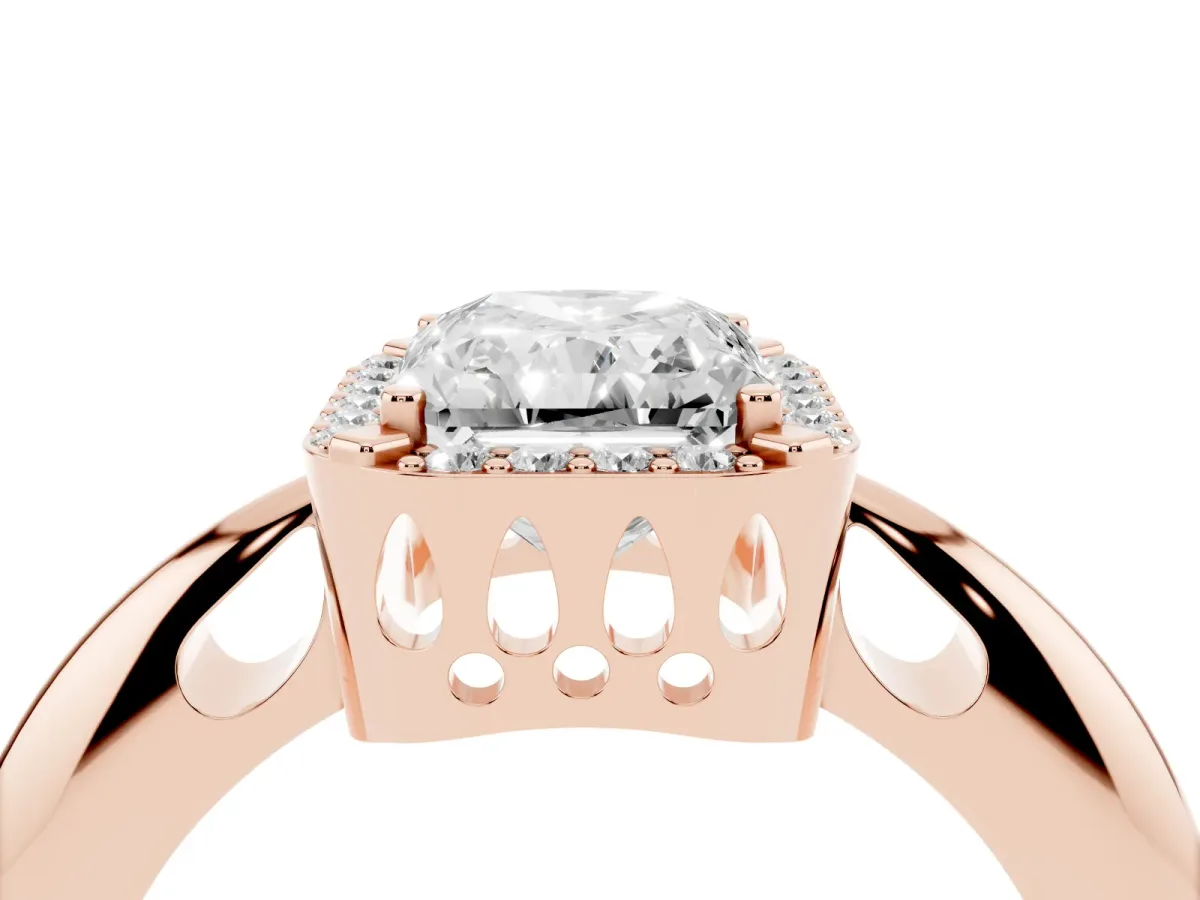 Radiant Cut Cut Diamond Halo Engagement Ring with Split Shank and Four-Prong Setting Rose gold