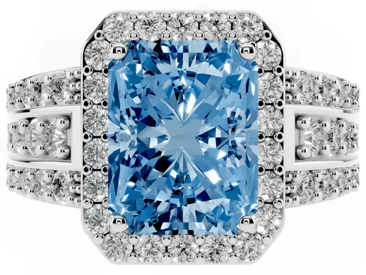 Fancy Blue Radiant Cut Halo Diamond Ring with Round Split Shank and Prong Setting Silver