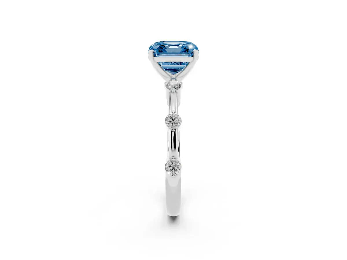 Fancy Blue Asscher Cut Solitaire Diamond Ring with Bezel Set Side Stones and Prong Setting Platinum