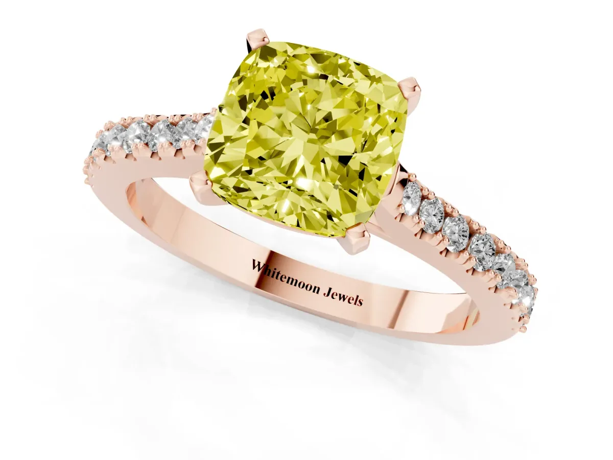 Fancy Yellow Cushion Cut Cut Solitaire Diamond Engagement Ring with Pave Band and Four-Prong Setting Rose gold