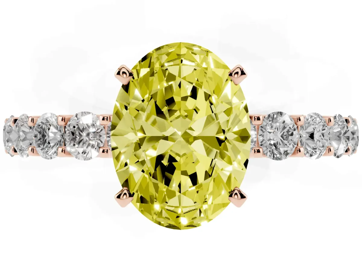 Fancy Yellow Oval Cut Diamond Solitaire Ring with Shared Prong Pavé Band and Four-Prong Setting Rose gold