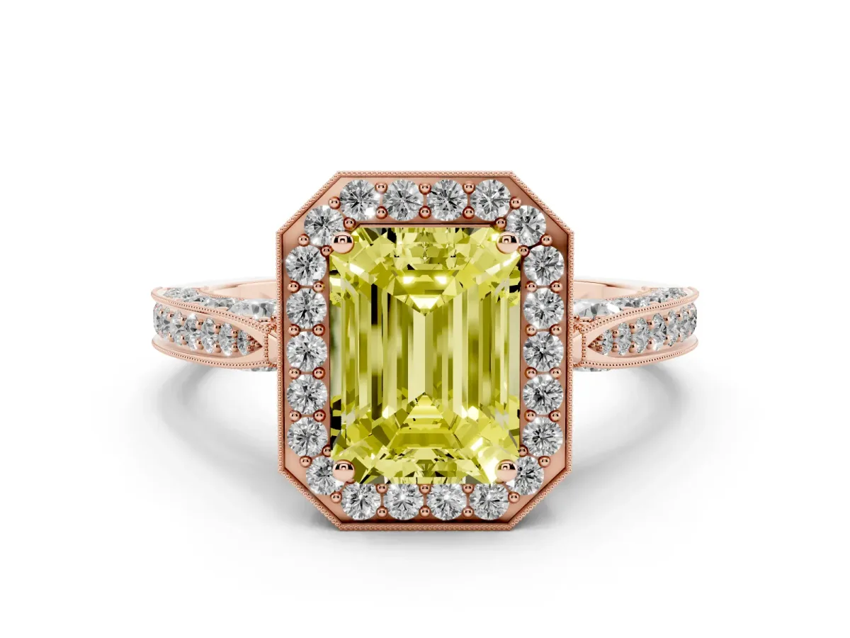 Fancy Yellow Emerald Cut Halo Diamond Engagement Ring with Split Shank Band and Four-Prong Setting Rose gold