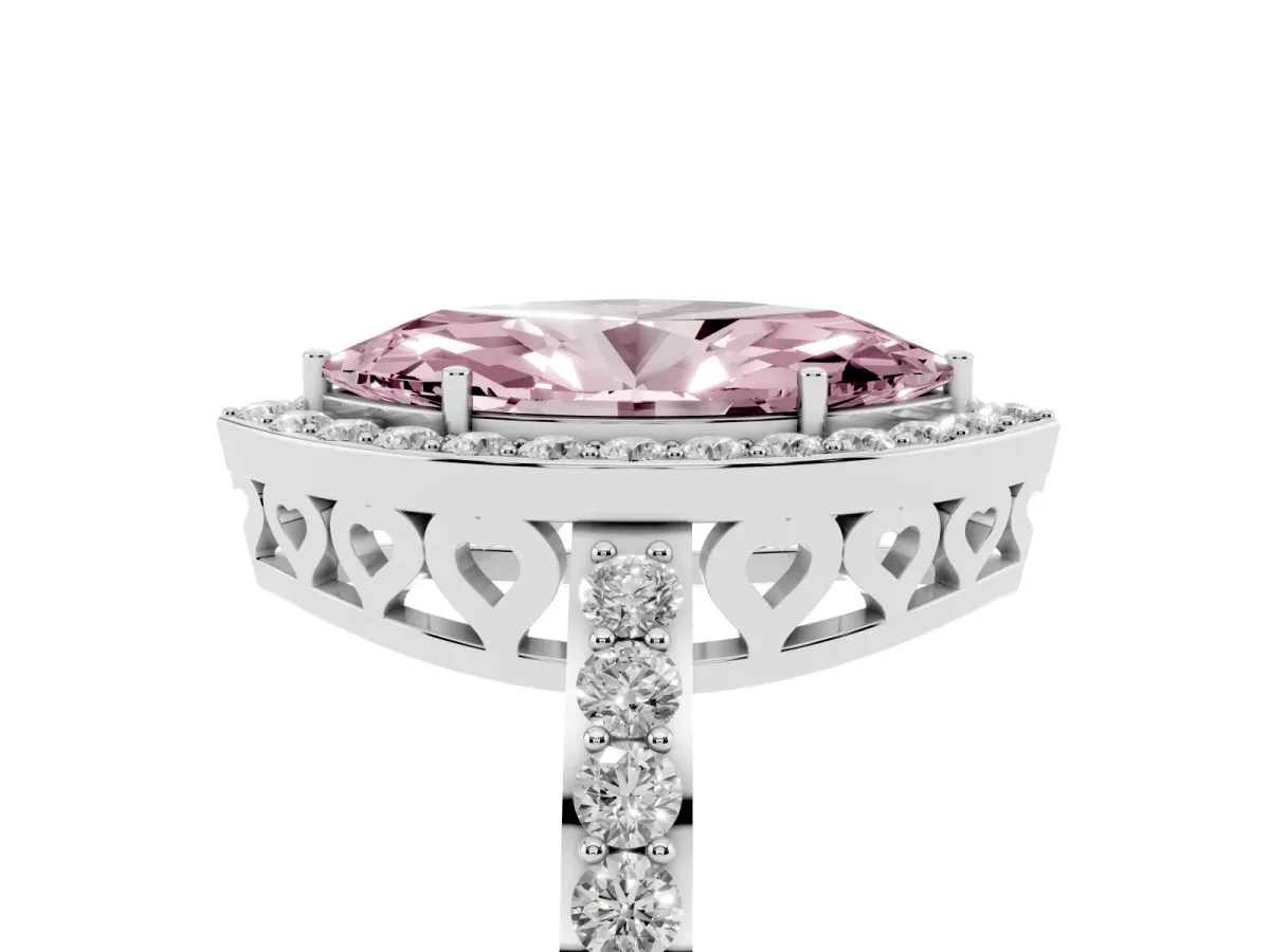 Fancy Pink Marquise Cut Halo Diamond Pavé Band Ring with Prong Setting Silver