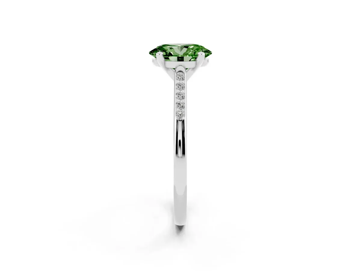 Fancy Green Oval Cut Diamond Solitaire Ring with Channel Set Round Band and Prong Setting Silver