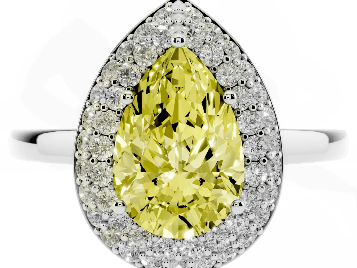 Fancy Yellow Pear Cut Halo Diamond Engagement Ring with Solitaire Band and Four-Prong Setting White gold