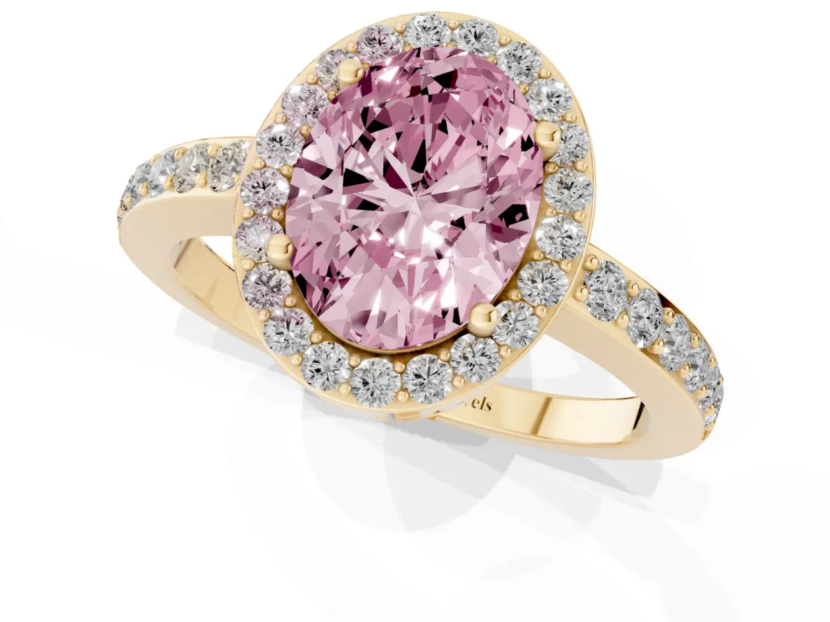 Fancy Pink Oval Cut Halo Diamond Pavé Band Ring with Prong Setting Yellow gold