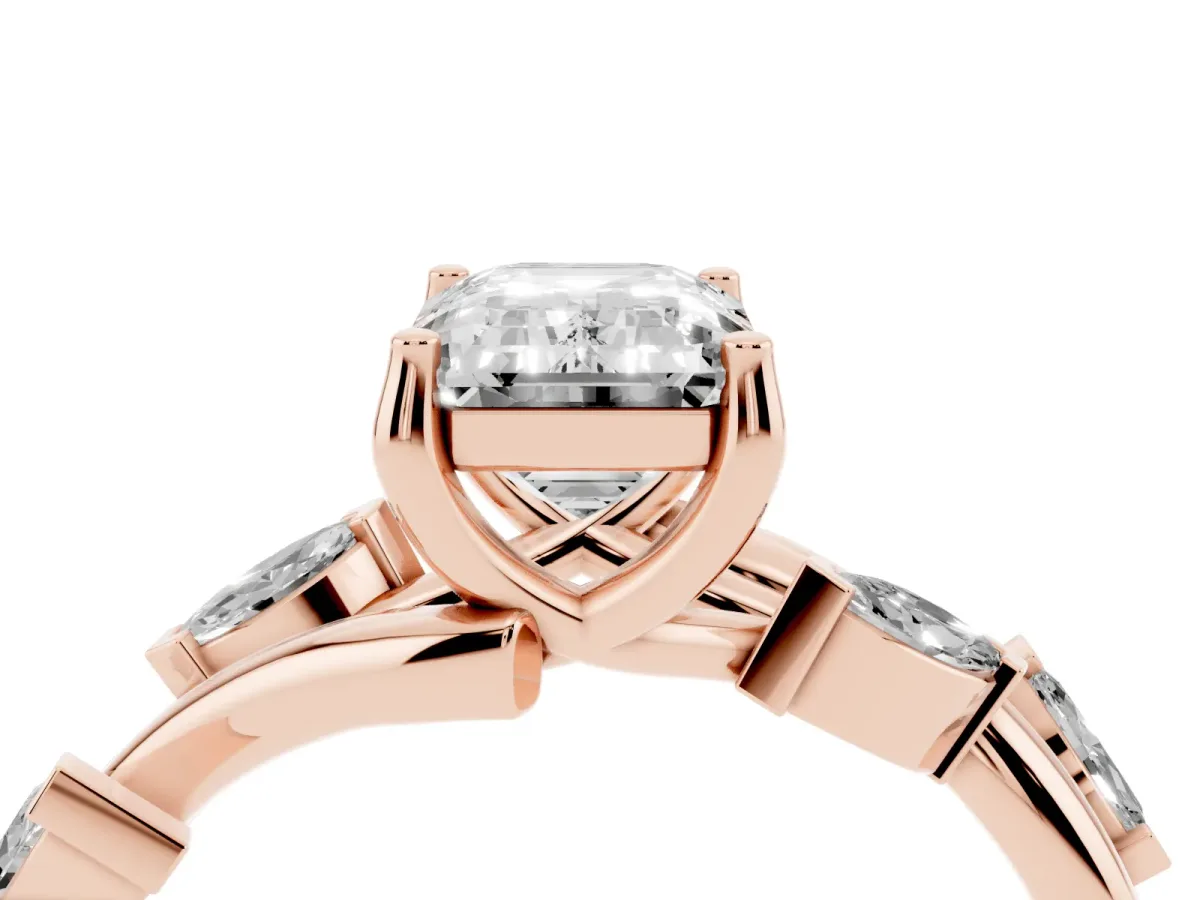 Emerald Cut Solitaire Twisted Band Marquise Accent Prong Setting Ring Rose gold