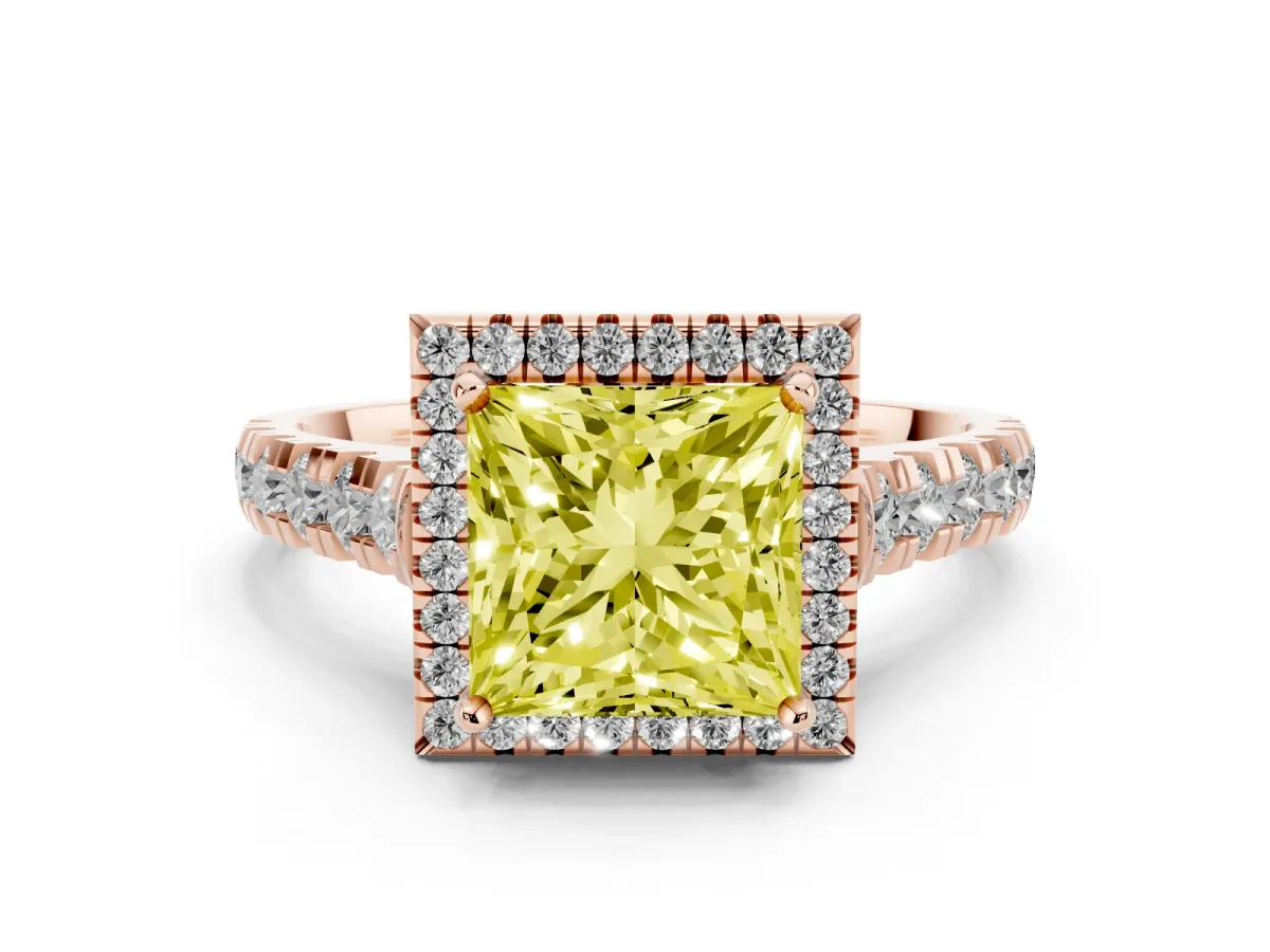 Fancy Yellow Princess Cut Halo Pavé Diamond Engagement Ring with Four-Prong Setting Rose gold