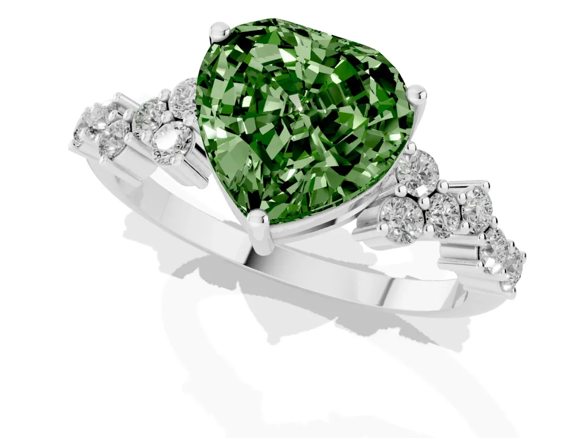 Fancy Green Heart Cut Diamond Scattered Round Accent Ring with Prong Setting White gold