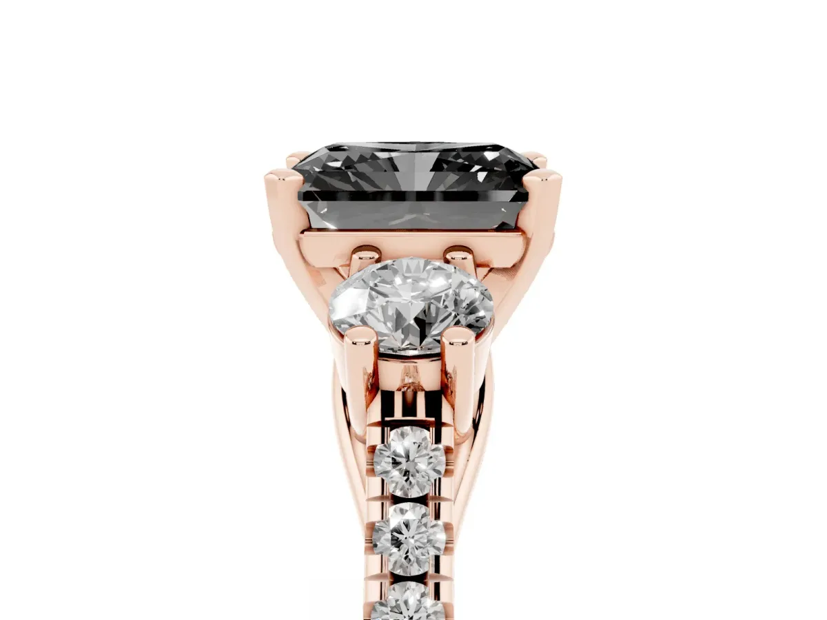 Fancy Black Three-Stone Radiant Cut Diamond Pavé Band with Four-Prong Setting Rose gold
