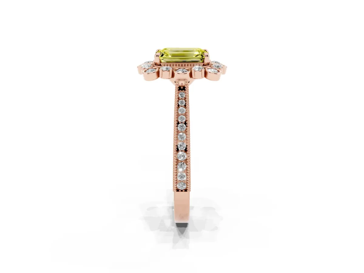 Fancy Yellow Emerald Cut Halo Milgrain Pave Diamond Ring with Four-Prong Setting Rose gold