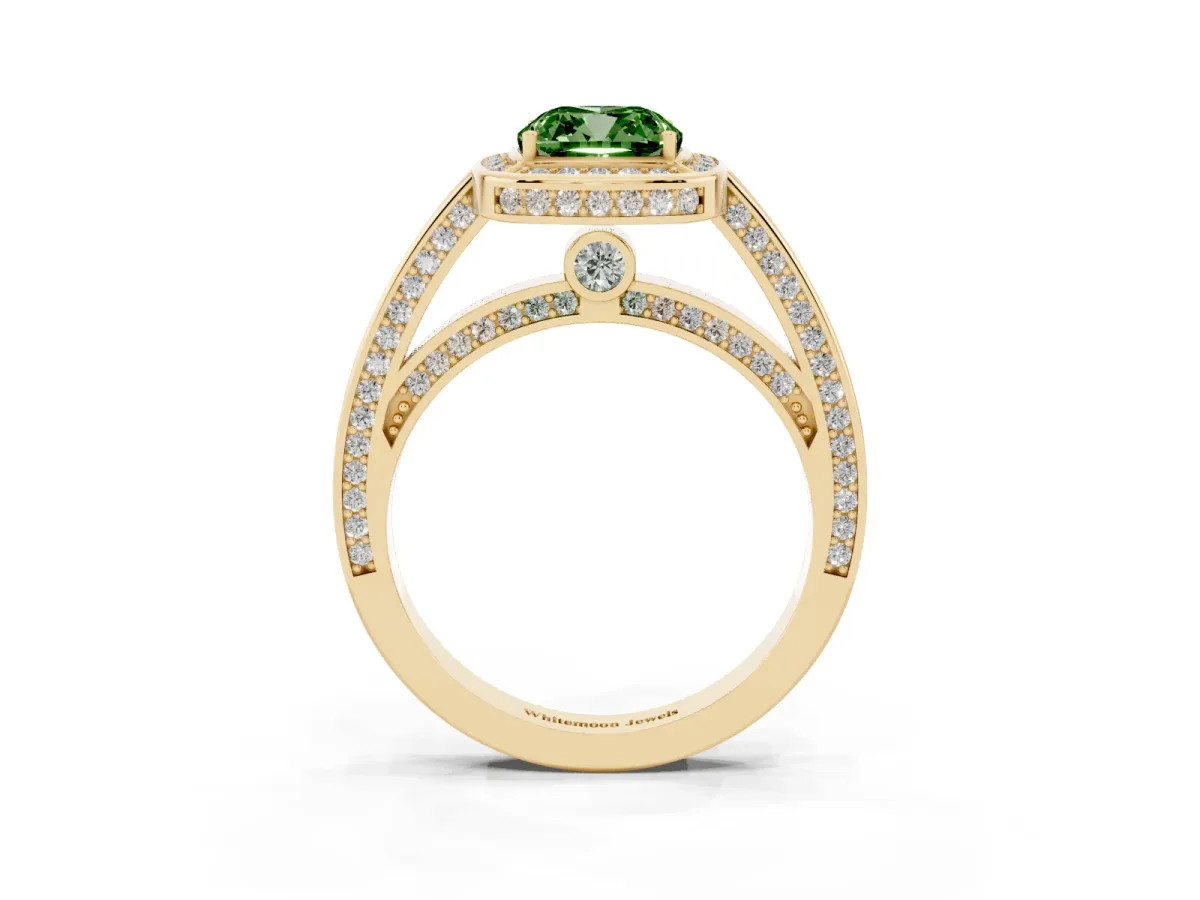 Fancy Green Cushion Cut Cut Halo Pave Split Shank Prong Setting Ring Yellow gold