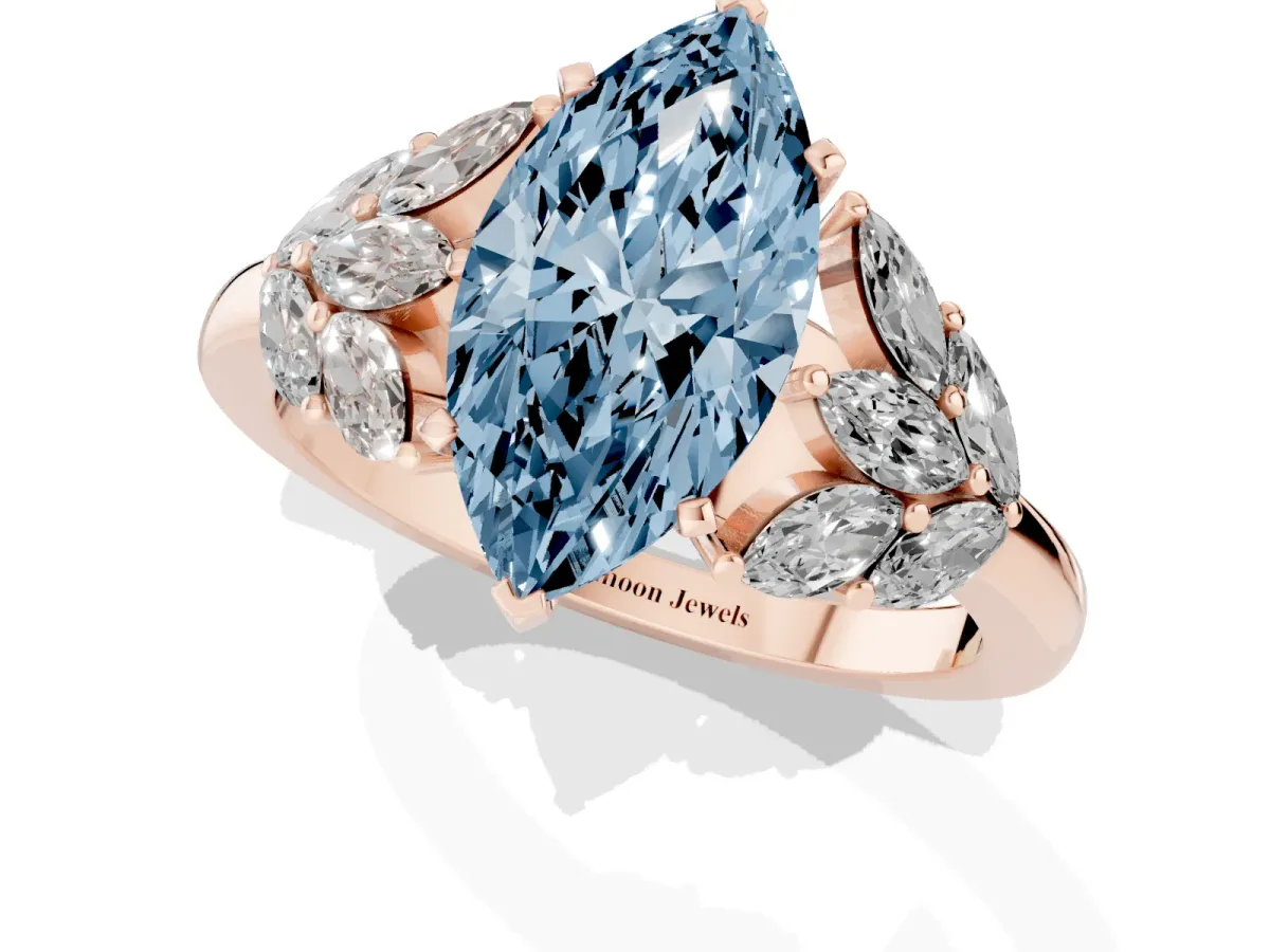 Fancy Blue Marquise Cut Diamond Cluster Leaf Design Ring with Prong Setting Rose gold