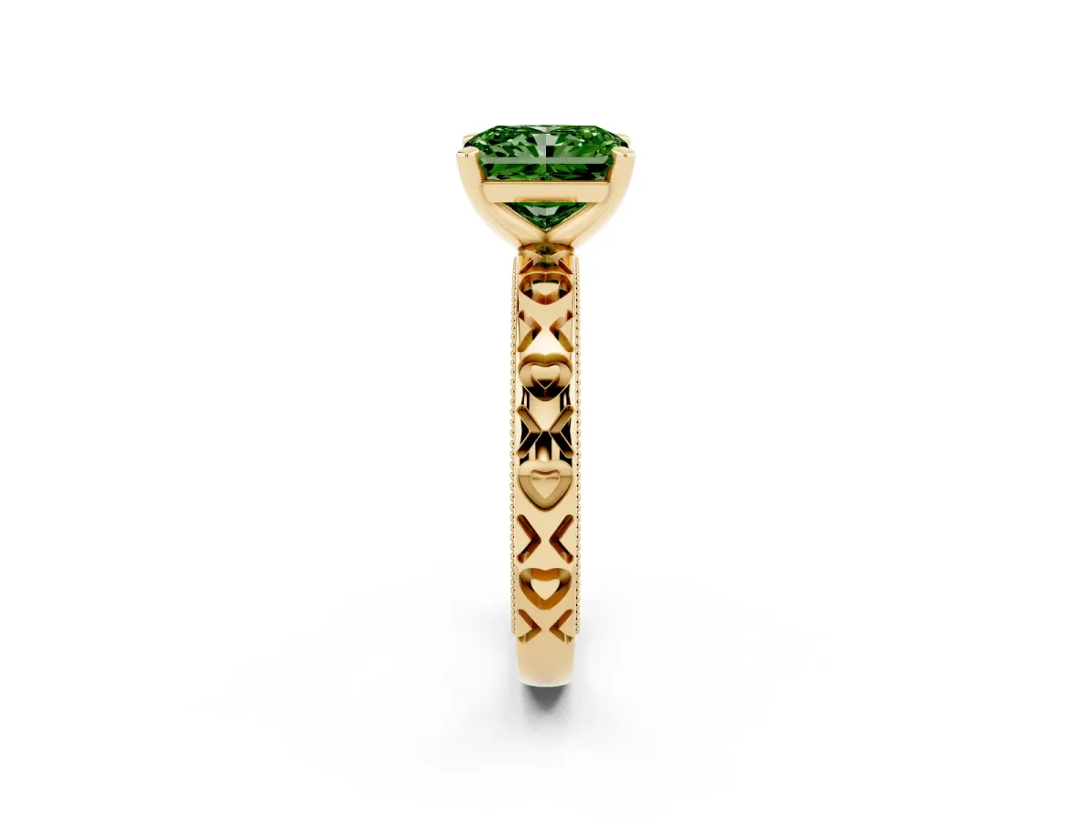 Fancy Green Radiant Cut Solitaire Diamond Engagement Ring with XO Engraved Band and Four-Prong Setting Yellow gold