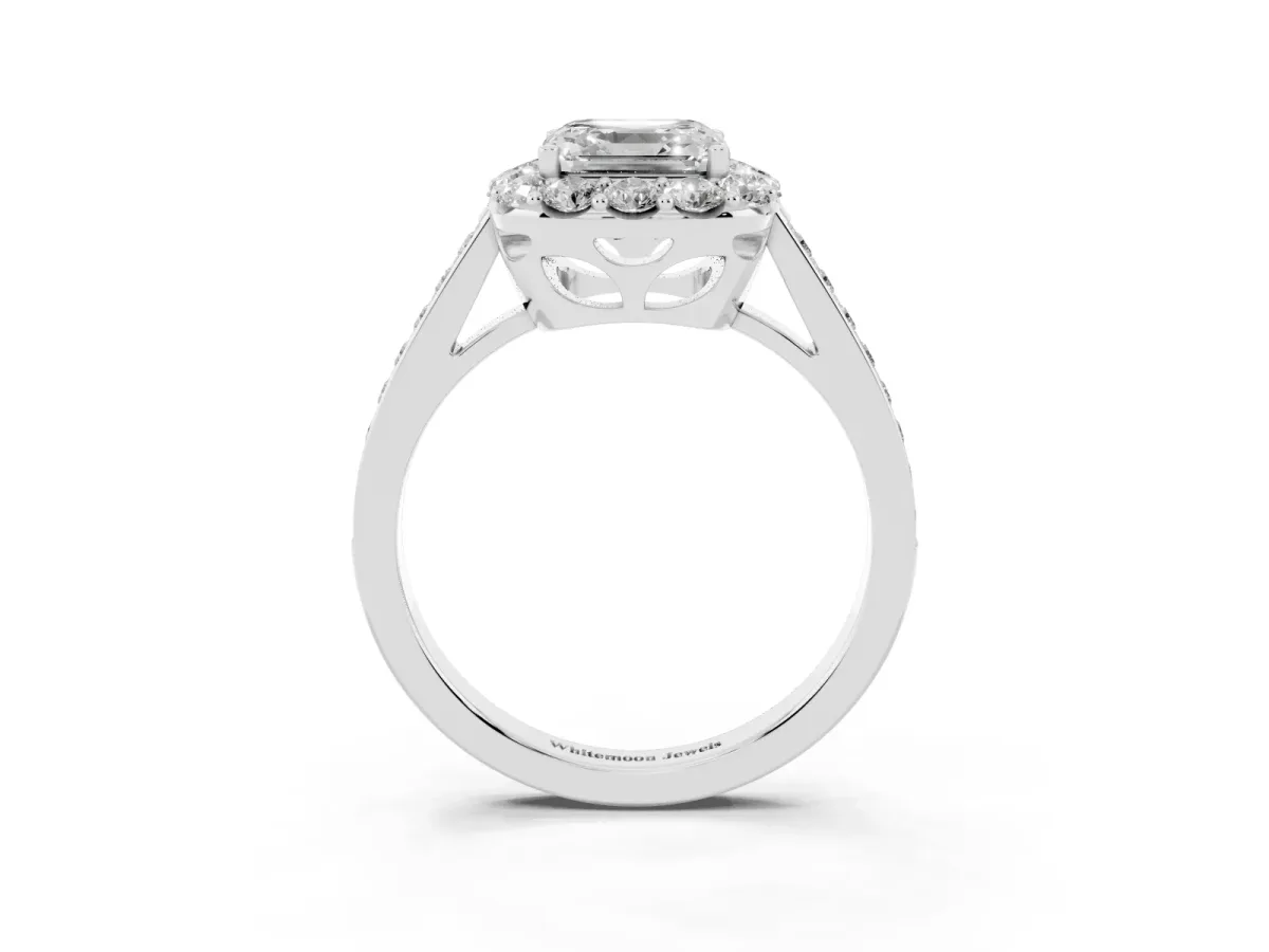 Asscher Cut Diamond Floral Halo Ring with Pavé Band and Prong Setting Platinum