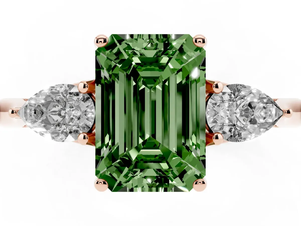 Fancy Green Emerald Cut Diamond Three-Stone Ring with Pear Side Stones and Prong Setting Rose gold