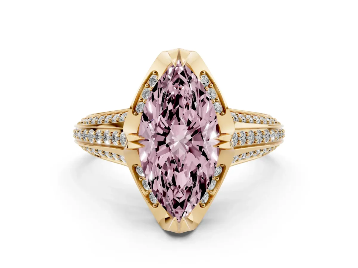 Fancy Pink Marquise Cut Solitaire Pave Split Shank Ring with Four-Prong Setting Yellow gold