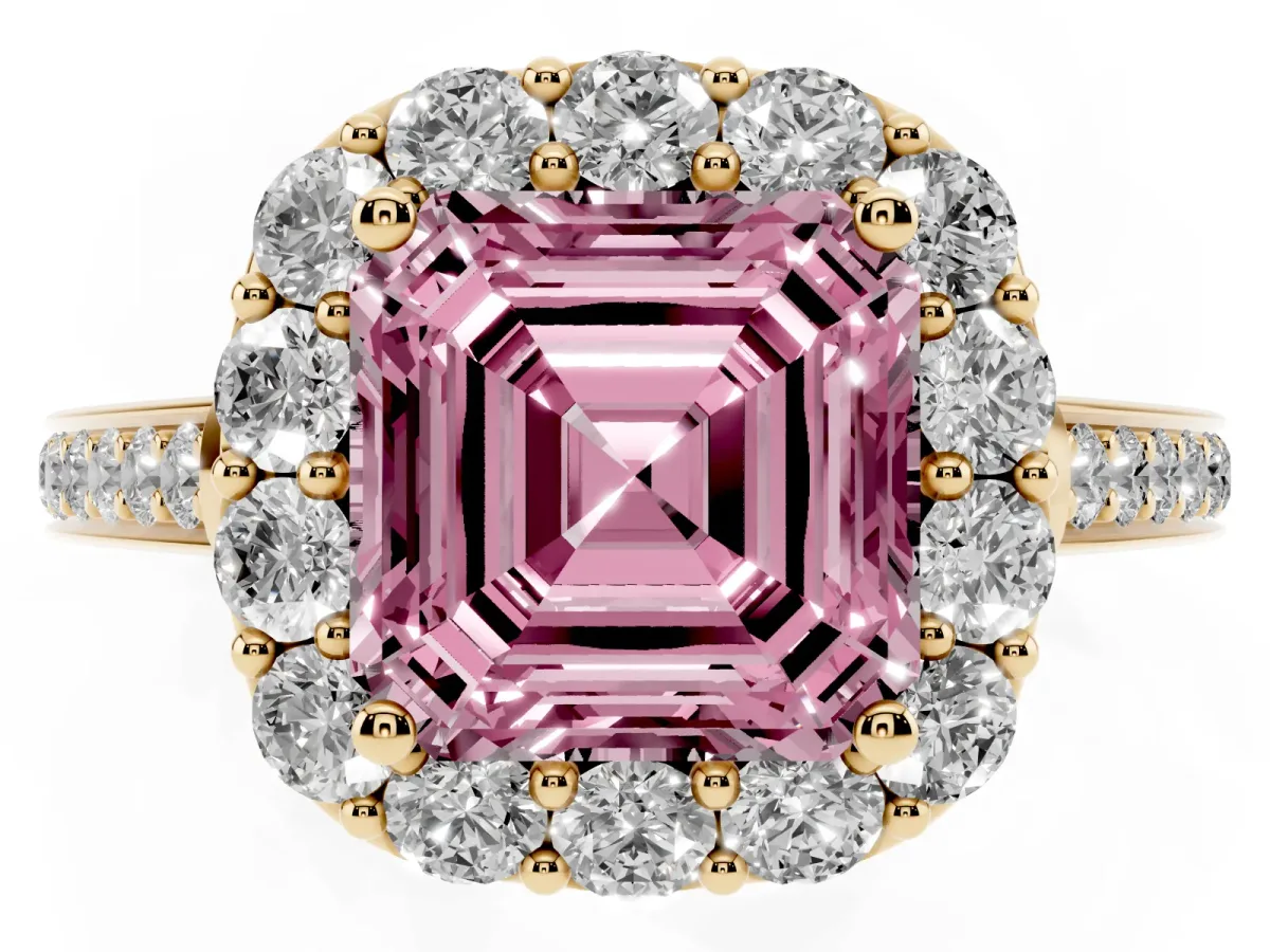 Fancy Pink Asscher Cut Diamond Floral Halo Ring with Pavé Band and Prong Setting Yellow gold