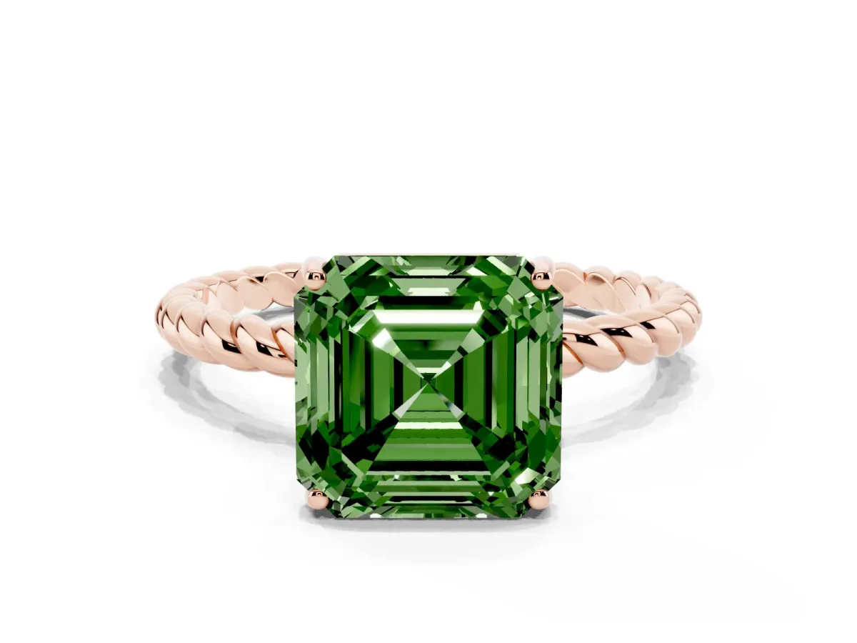 Fancy Green Asscher Cut Solitaire Twisted Band 4-Prong Ring Rose gold