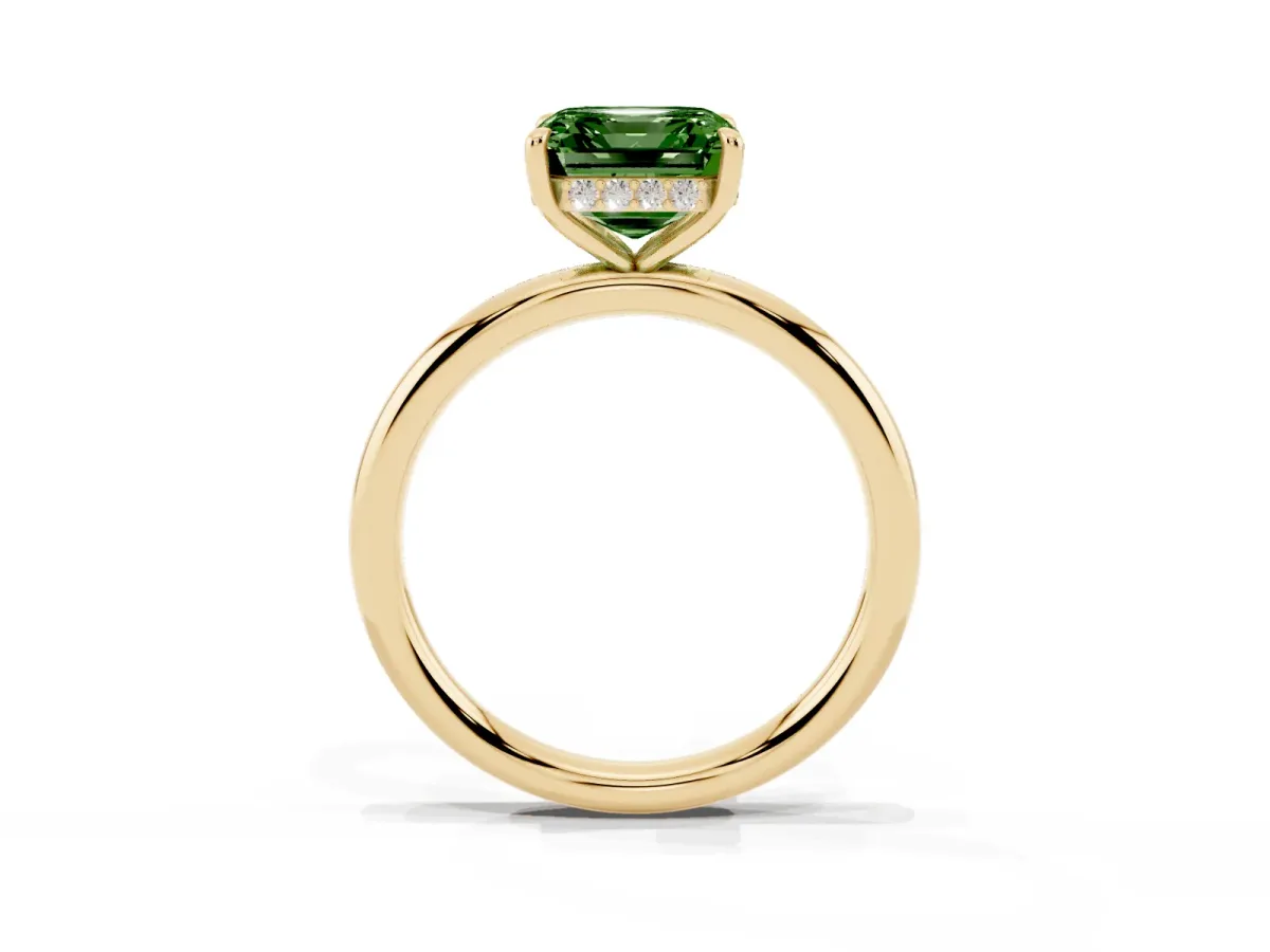 Fancy Green Asscher Cut Diamond Solitaire Ring with Thin Band and Four-Prong Setting Yellow gold