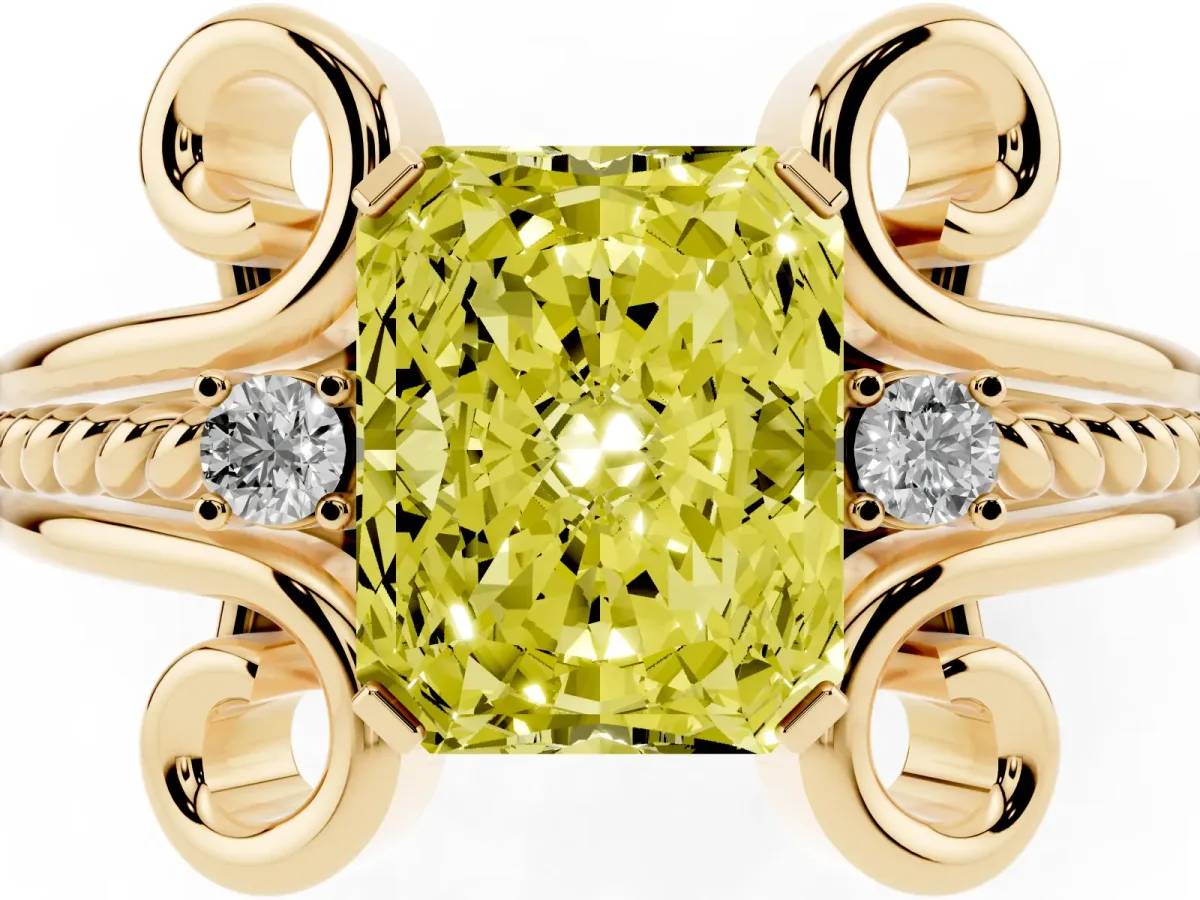 Fancy Yellow Radiant Cut Solitaire Twisted Band Scroll Prong Ring Yellow gold