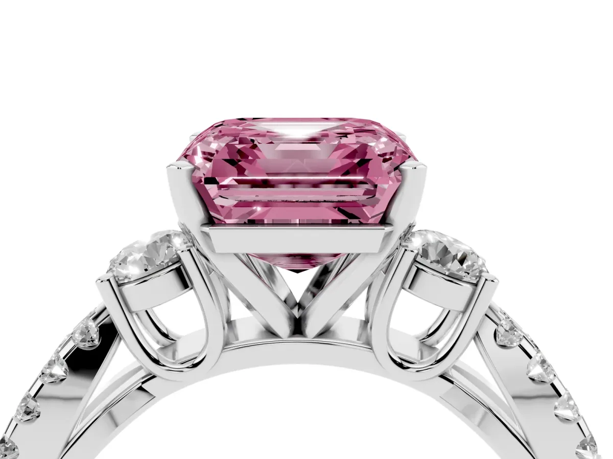 Fancy Pink Asscher Cut Diamond Three-Stone Ring with Pavé Split Shank and Four-Prong Setting Platinum