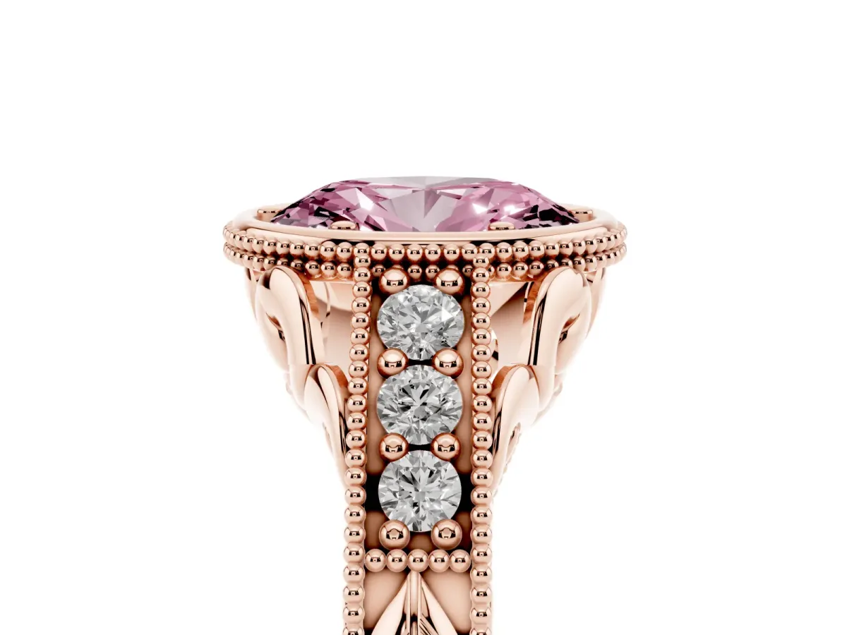 Fancy Pink Bezel Set Oval Cut Diamond Milgrain Pave Engagement Ring Rose gold