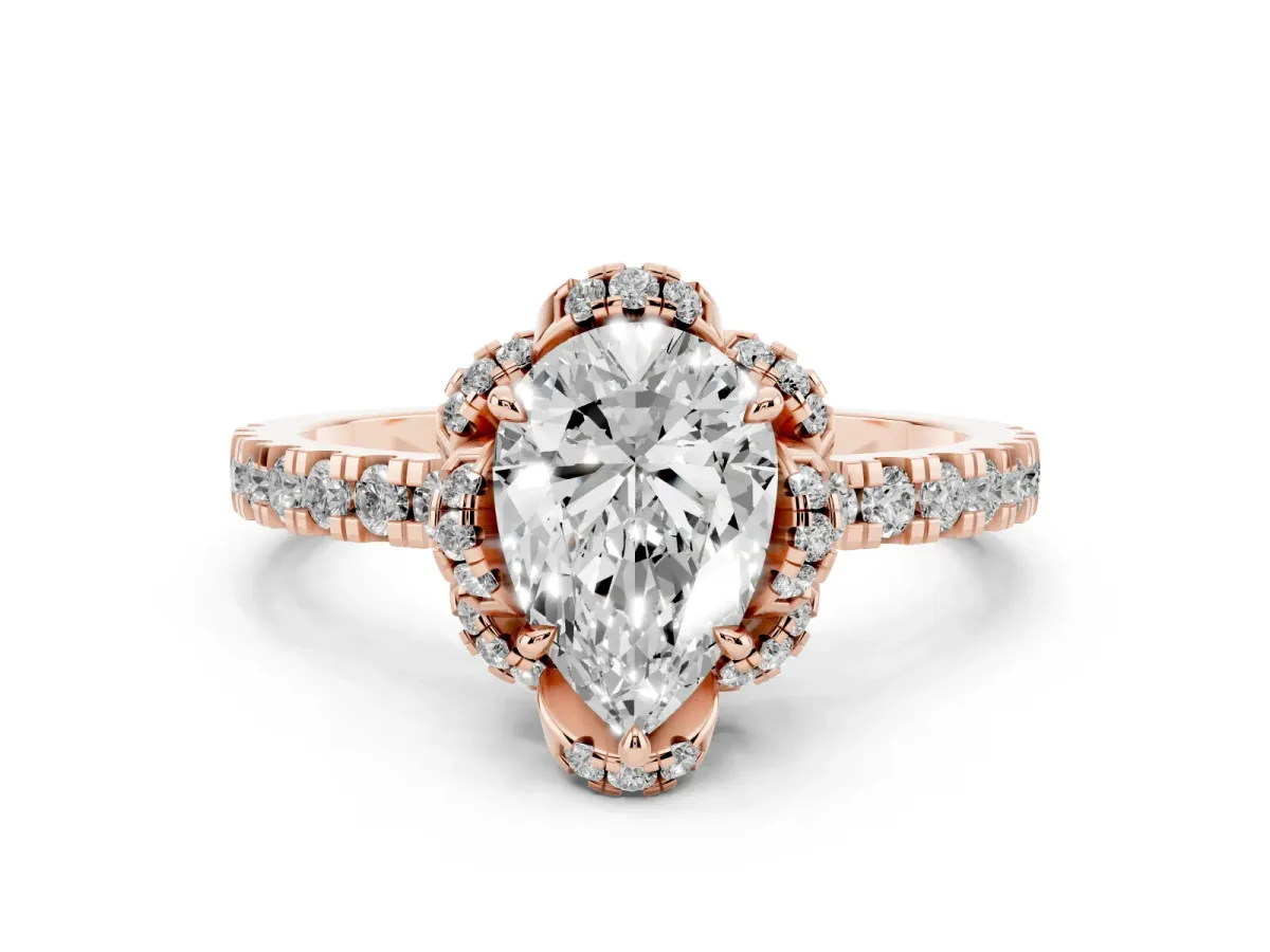 Pear Cut Halo Diamond Pave Band Ring with Four-Prong Setting Rose gold