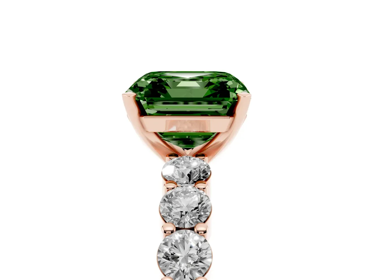 Fancy Green Asscher Cut Diamond Solitaire Ring with Shared Prong Round Side Stones Rose gold