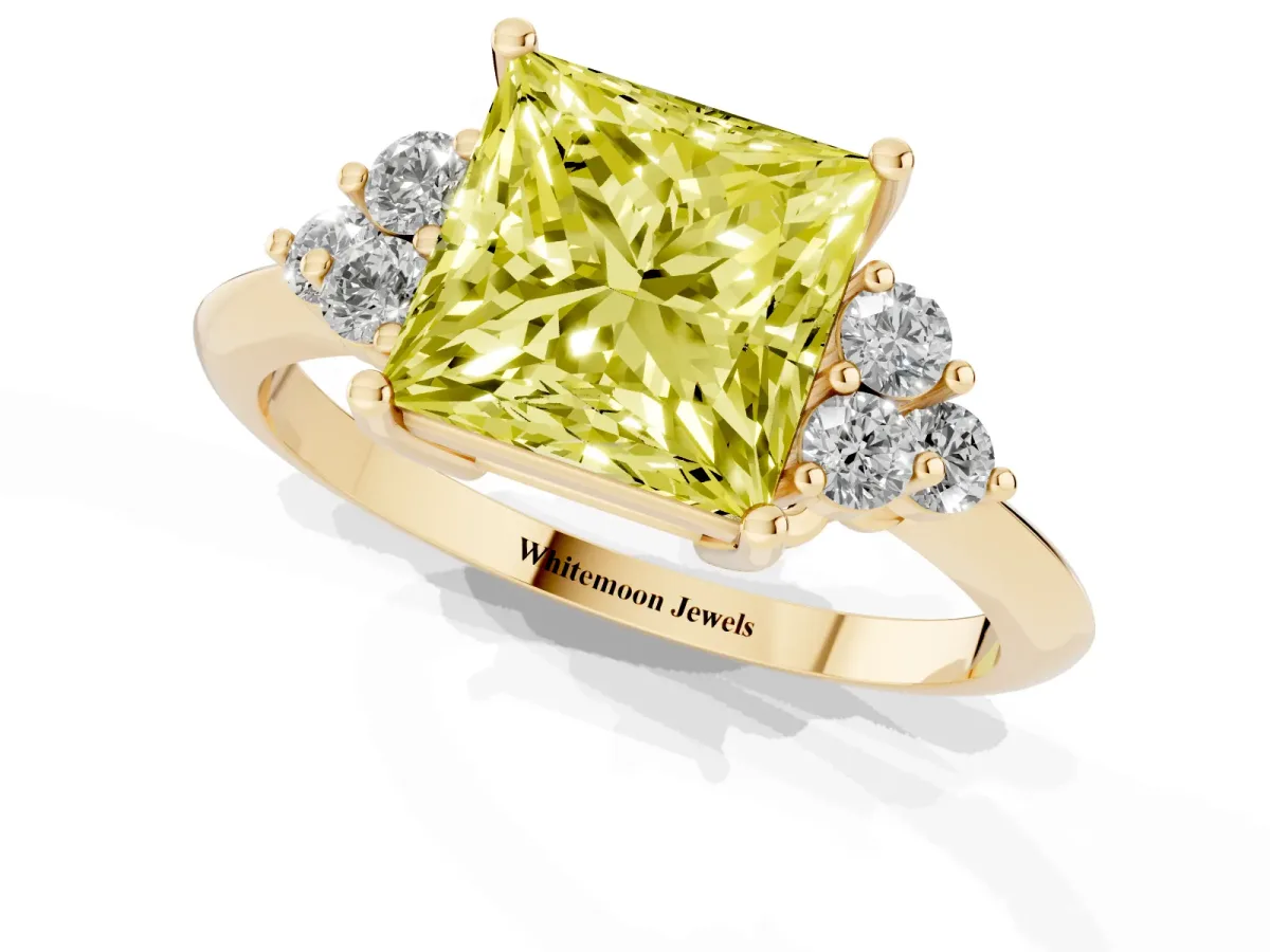 Fancy Yellow Princess Cut Cut Diamond Cluster Ring with Solitaire Band and Four-Prong Setting Yellow gold