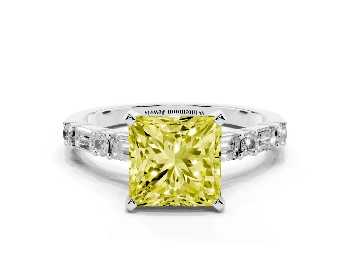 Fancy Yellow Princess Cut Diamond Solitaire with Side Baguettes and Channel Set Band Platinum