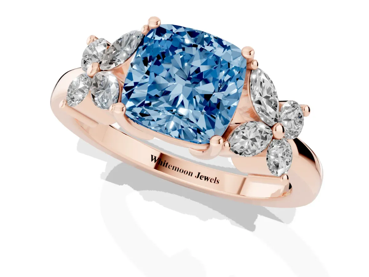 Fancy Blue Cushion Cut Diamond Floral Cluster Ring with Solitaire Band and Prong Setting Rose gold