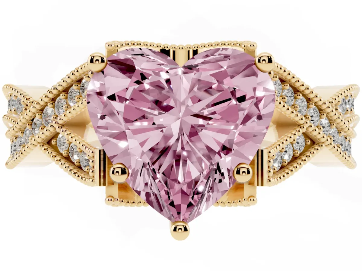 Fancy Pink Heart Cut Cut Diamond Twisted Band with Milgrain Pave Setting and Four-Prong Setting Yellow gold
