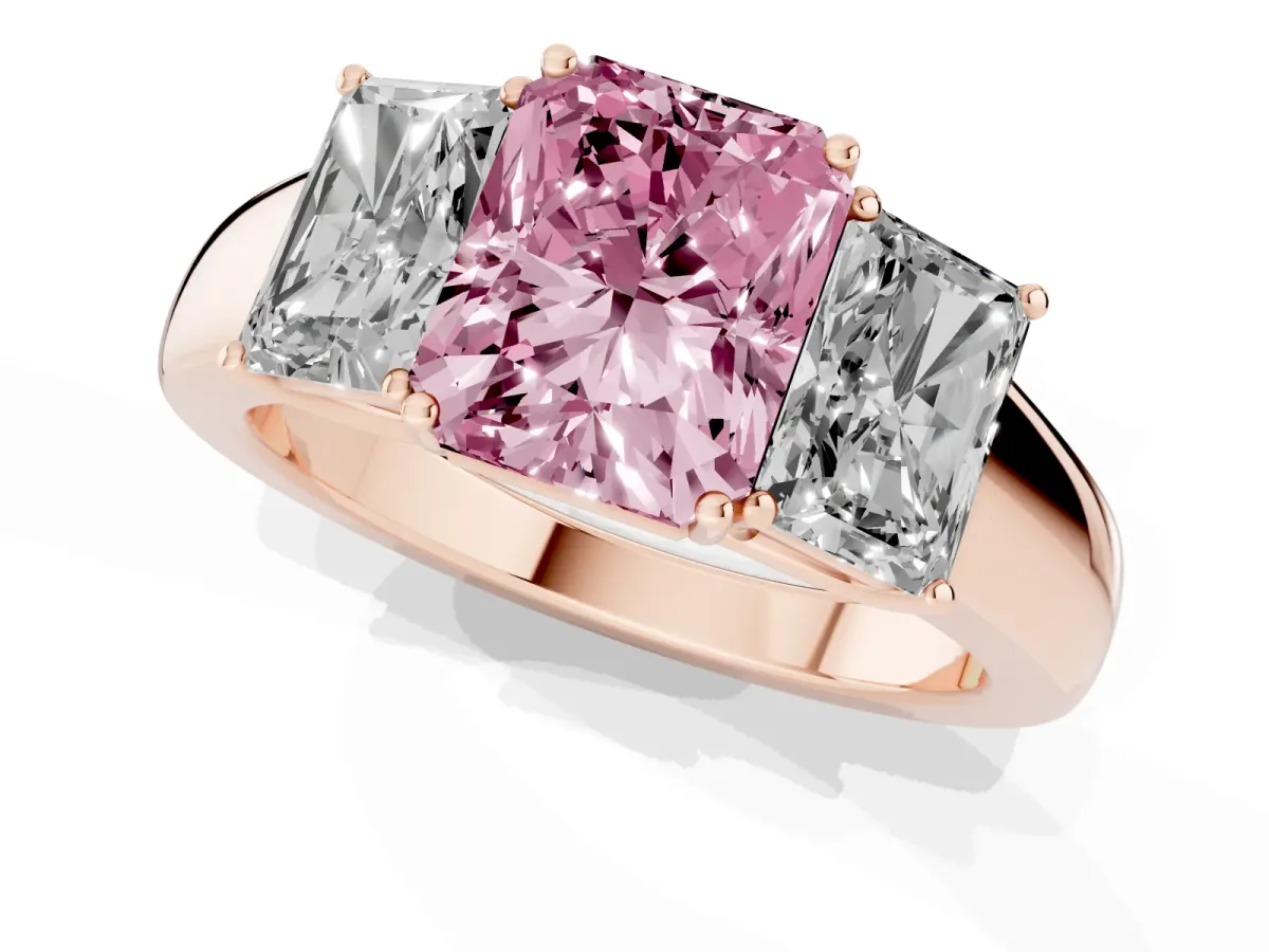 Fancy Pink Three-Stone Radiant Cut Cut Diamond Ring with Prong Setting and Classic Band Rose gold