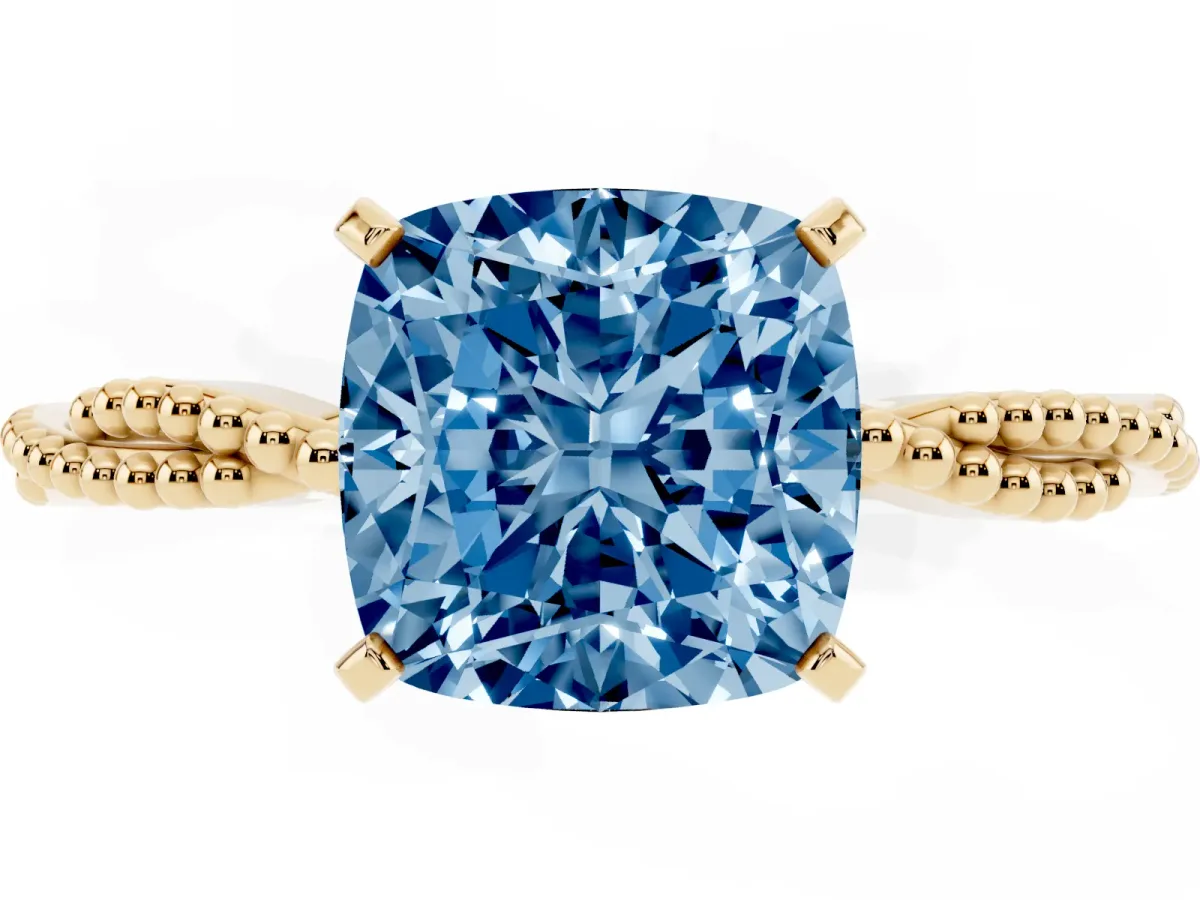 Fancy Blue Cushion Cut Solitaire Twisted Band with Bead Prong Setting Yellow gold