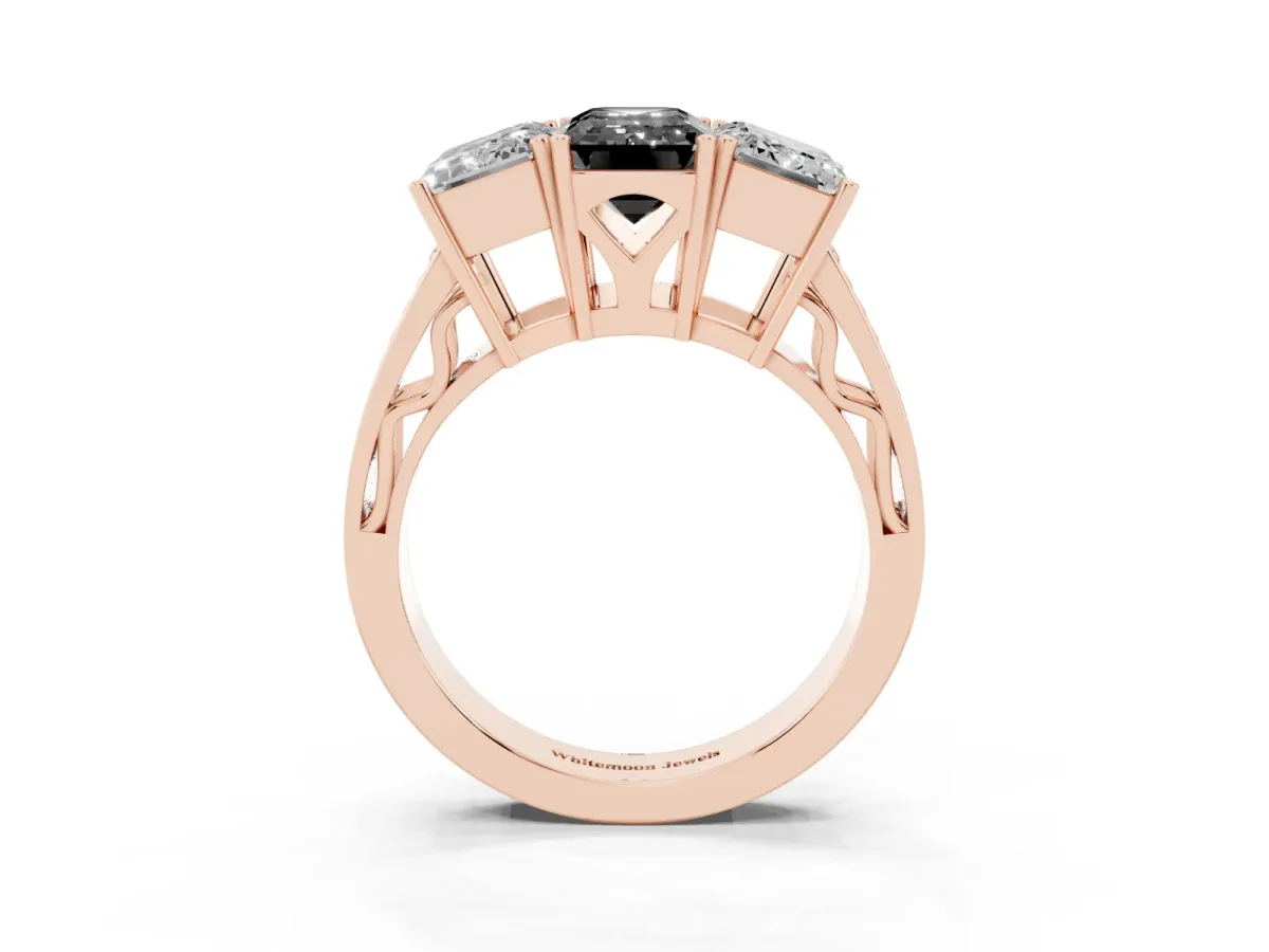 Fancy Black Emerald Cut Diamond Three-Stone Ring with Prong Setting and Textured Band Rose gold