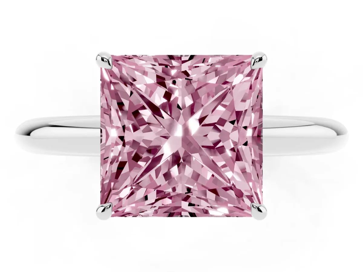 Fancy Pink Princess Cut Brilliant Solitaire Engagement Ring with Six-Prong Setting and Classic Band Silver