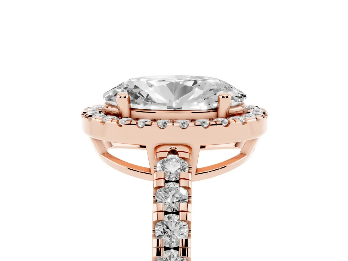 Oval Cut Diamond Halo Ring with Pavé Band and Four-Prong Setting Rose gold