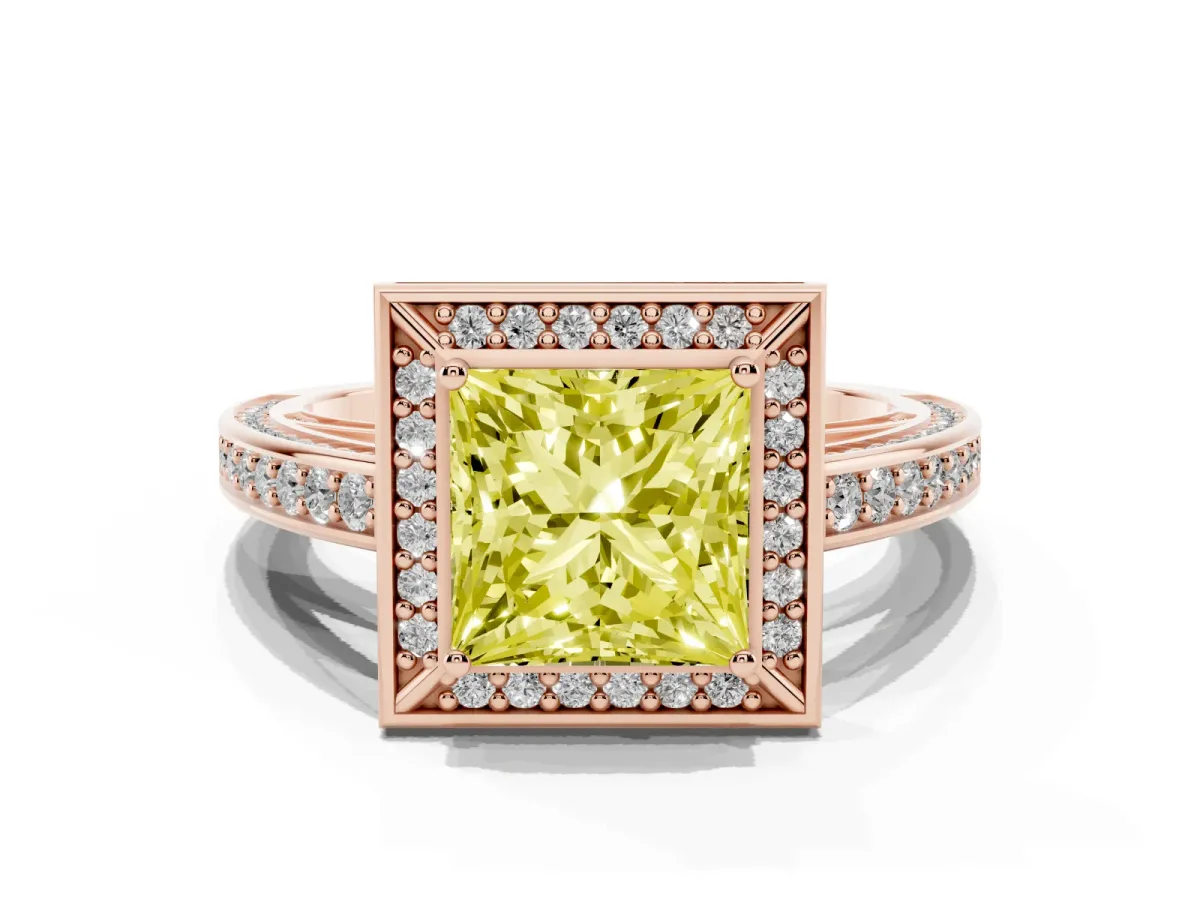 Fancy Yellow Princess Cut Cut Halo Pave Split Shank Prong Setting Ring Rose gold